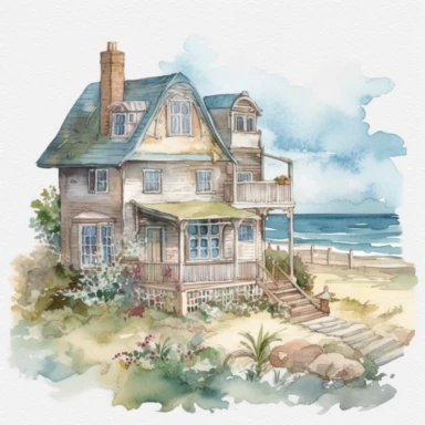 illustration of a beach house with the ocean view on a sunny day, by Beatrix Potter, Sublimation graphics, watercolor clipart, pastel colors, single design, 8k, print on demand image, PNG transparent background
