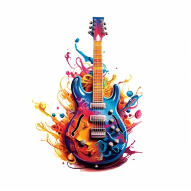 Against a white background, a clip art image showcases a meticulously detailed depiction of a guitar, adorned with vibrant and colorful elements. The guitar takes center stage, with its body and strings intricately illustrated to capture its essence. The body of the guitar features a vibrant burst of colors, blending seamlessly from one shade to another, evoking a sense of energy and creativity. Music notes, represented by a variety of shapes and sizes, dance playfully around the guitar, symboli