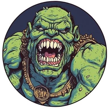A circular tondo depicting a Dungeons & Dragons character orc orcish badass boss warrior bandit, Mike Allred Josh Kirby Mad Max Lord of the Rings, handpainted enamel punk zine indie retrowave, clipart illustration, circle solid background