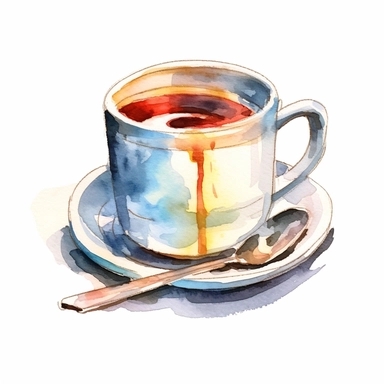 a cup of coffee in a white coffee mug in the style of watercolour clipart with detailed brush strokes
