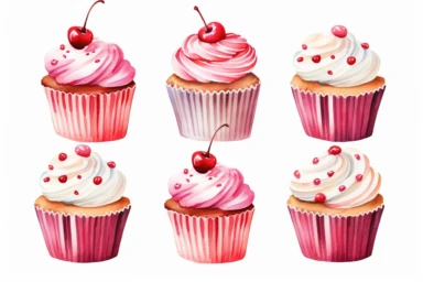 6 cherry cupcake clipart watercolor, hd, on crisp white background, spaced out