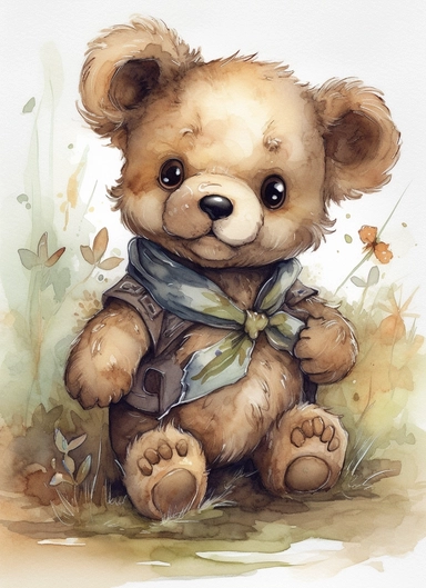 a cute teddy bear in a field with a bandana, in the style of jody bergsma, 32k uhd, hand-painted details, charming character illustrations, dark brown and light beige, aquarellist, hd , white background clipart