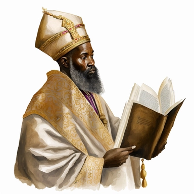 simple watercolor clipart on a white background, middle aged black man from Biblical times, large beard beard, wearing a tall cream and gold royal bishops hat and vestments, holding a book in his arm