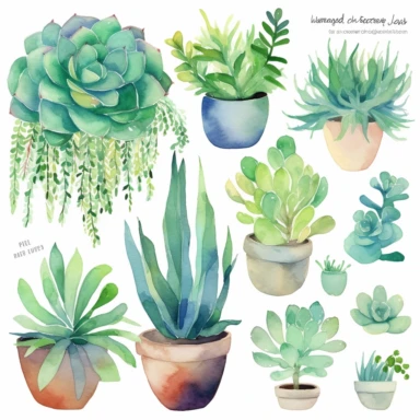 10 relaxed simple Watercolor Succulents Clipart Home watercolour plant Succulents digital clipart desert plant greenery png planner clipart Summer home decor, completely surrounded by white backround, zero overlap, no touching objects, all objects in the same foreground, no words