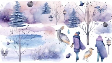A set of watercolor clipart images featuring a wintry scene, with snow-covered trees, a frozen lake, and snowflakes falling from the sky, painted in soft shades of blue, purple, and white, with delicate brushstrokes and speckles adding texture and depth to the scene. The clipart also includes winter accessories such as scarves, hats, and mittens, adding a cozy touch to the scene. Watercolor painting, using high-quality watercolor paper, fine brushes, and various shades of blue, purple, and white