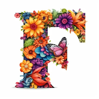 letter F floral,many flowers,ralistic,high details,vibrant colors,clipart,white background