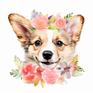 watercolor style, cute baby dog, smile, wear flower crown, white background, pixar style details Sublimation Clipart,hyper realistic, intricate detail, illustration style, isolated on white background for removing background