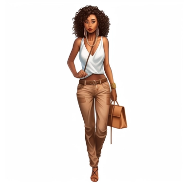 realistic illustration of Fashion-forward African American woman: Illustrate a clipart of a stylish African American woman wearing fashionable clothing and accessories. Showcase her confidence and individuality through her outfit and pose. clipart, isolated on white background, 4K