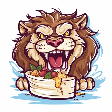 cute funny clipart of beast mode lion with cake in mouth graphic design for a tshirt in a cartoon style, heavy outlines,bold outlines, flat shading , vector, contour, isolated plain white background