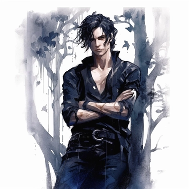 a A goth prince muscular and attractive waiting with crossed arms by a tree gothic atmosphere evening hours watercolor clipart