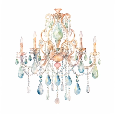Pastel watercolor Victorian Crystal Chandelier A mesmerizing crystal chandelier with a delicate metal frame adorned with sparkling pastel-hued crystals that create a subtle and enchanting glow clipart isolated on white background, Pale peach and light turquoise with subtle hints of shimmering silver pastel color palette, in brush style of Willem Haenraets, clean edges around image, in the style of pastel watercolor illustrations, feminine sensibilities, detailed illustrations, heavy shading, del