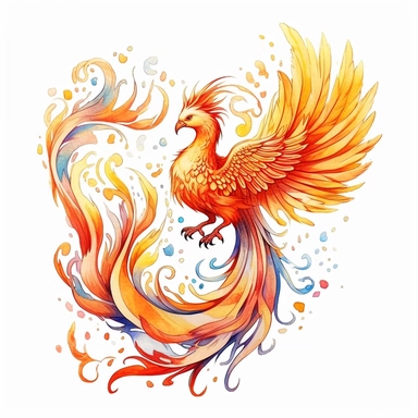 drawn illustration of a phoenix with fire, clip art, watercolor, digital art, HD, white background, clean line art