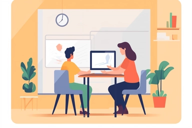 A virtual classroom with a student and a tutor interacting through screens, vector-based illustration, flat shading, simple,clip art