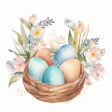 a dreamy watercolour pastel composition of easter eggs resting in a basket, with delicate flowers isolated on a white background for clipart or sticker, enchanting cottagecore style by digitalcurio, warm and cozy feeling, warm glowing lighting –no text fonts letters watermark words typography slogans signature