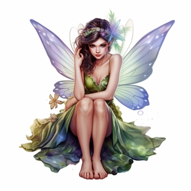 cartoon woman dressed as a fairy with wings and matching dress, kneeling, eyes focused on camera, full body, colors of green purple gold and blue, glamorous realistic and detailed, watercolor, white background with margins, clipart style