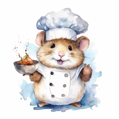 watercolor clipart, A cute chubby hamster, ultra detailed, wearing a chef's hat, Cooking food in the kitchen, tasty, white background, high solution