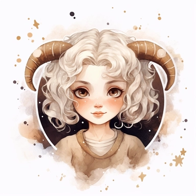 Aries zodiac sign as cute girl with white hair, brown horns and sheep ears, Watercolor Zodiac Sign Clipart Astrology