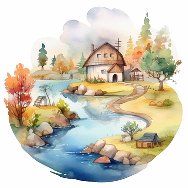 watercolor clipart set open computer with landscape and action with characters