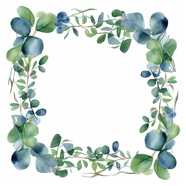 square frame of watercolor eucalyptus branch clipart, in the style of border art, green with blue accents, white background