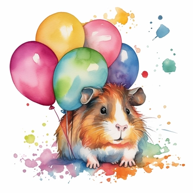 A delightful clip art image featuring a Guinea pig surrounded by a pile of colorful balloons. The combination of clip art and watercolor elements adds a whimsical and celebratory touch to the artwork, with the vibrant colors and soft textures of the balloons enhancing the pig's cuteness and playfulness, Clip art with watercolor accents,