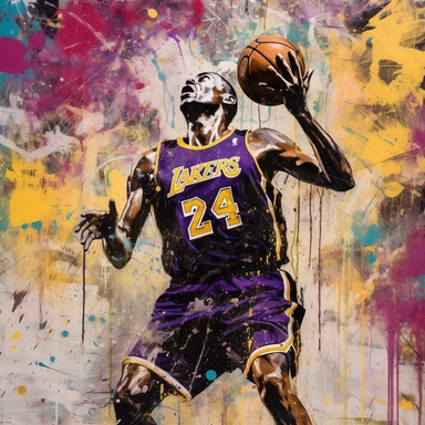 Create a captivating mixed-media painting that fuses the dynamic energy of Kobe Bryant dunking with the distinct artistic styles of Jean-Michel Basquiat and Claude Monet. Utilizing acrylic on canvas, this artwork will capture the essence of both artists while paying tribute to the iconic basketball player. In this painting, reimagine Kobe Bryant's powerful dunk as an explosion of vibrant colors and bold brushstrokes inspired by Basquiat's expressive and graffiti-like style. Incorporate his disti