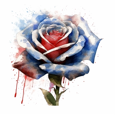 patriotic rose, in the style of fourth of july realistic and hyper-detailed watercolor painting, sketchfab, ahmed morsi, realistic watercolor paintings, use of common materials, handcrafted designs clipart red white and blue with white background
