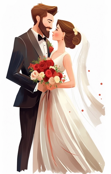 cartoon wedding couple, bride and groom clip art, in the style of xiaofei yue, valentin de boulogne, uhd image, joyful and optimistic, transparency and opacity, eye-catching, detailed cross-hatching