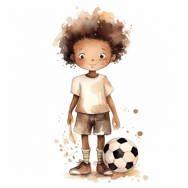 soccer tights watercolor childish sweet cute boy with dark skin clipart football neutral color creme beige with white background--upbeta