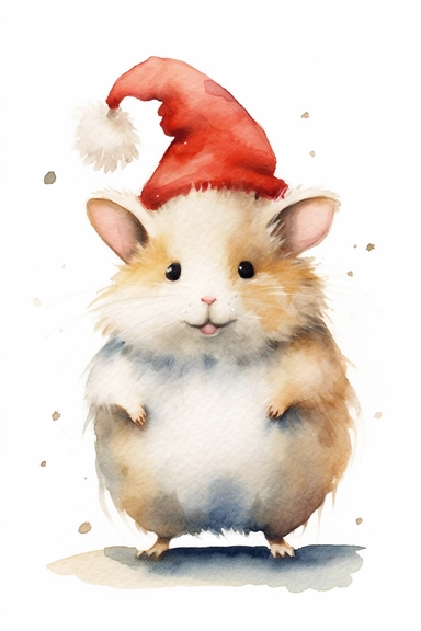 Create a watercolor clipart picture of a happy tomte hamster, white background. The hamster should have a cute and happy expression, with its fur depicted in soft watercolor textures.