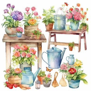 Draw a set of whimsical-style, watercolor-style clip art images that feature various types of roses in different colors and stages of blooming and garden-related objects, Watercolor rose Garden Clipart, the setting must be floral wonderland with feminine spring-colored clipart, roses in flower pots, roses in flower boxes, roses growing in watering cans, garden benches, water fountain surrounded by roses, roses at a flower shop stall, hummingbirds, butterflies, Garden tools, include garden decora