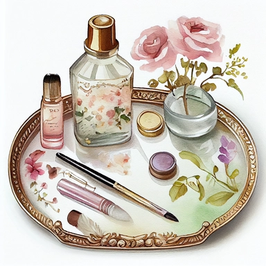 watercolor, hyper realistic, white background, white margins, 16k, ultra detailed clipart, cut out image, hand-drawn An antique-inspired vanity tray with vintage perfume bottles arranged on it, accompanied by a mirror, a brush, and other beauty accessories. Use soft and muted colors such as dusty rose, antique gold, lavender, and sage green for a vintage-inspired palette