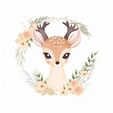 cute fawn in a dainty minimalist floral wreath, magical, kids art, clipart, isolated white background, 8k