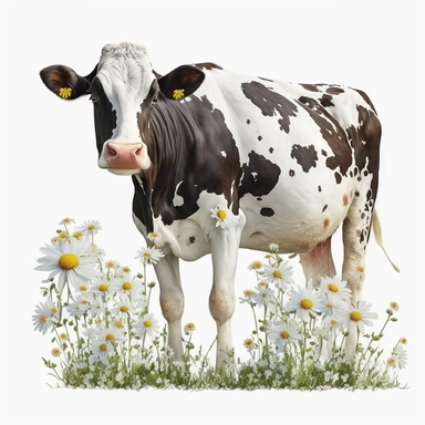 Dairy Cow Clipart with Daisy Flowers, white background