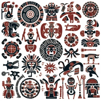 Indigenous Pre-Columbian Spiritual Mythological Taíno culture Caribbean Rock carvings Carved symbols Geometric designs Animal symbols Human figures Masks Sun symbols Moon symbols Navigation symbols Hunting symbols Fishing symbols Agriculture symbols Petroforms Archeology , clipart, hd, on white background ,spaced out--ar 3.2--s 1000