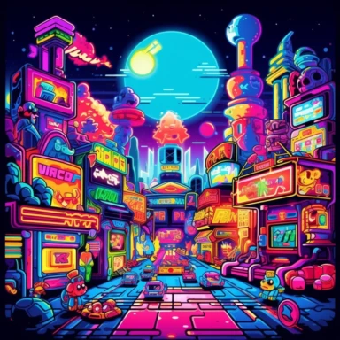 Retro Gaming Adventure: Color Style: Vibrant and neon colors reminiscent of the 80s and 90s. Environment: Pixelated arcade landscape with classic gaming consoles and arcade cabinets. Mood: Nostalgic and playful. Characters: Iconic video game characters like Mario, Sonic, Pac-Man, and Donkey Kong. , vector clipart, 3 d cartoon