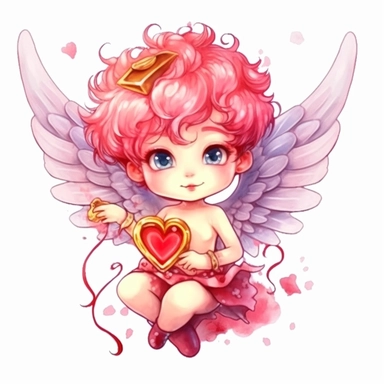 Chuppy chibi Cupid, cute cupid, cupid holding heart, extremely detailed, illustration clipart, on white background, watercolor