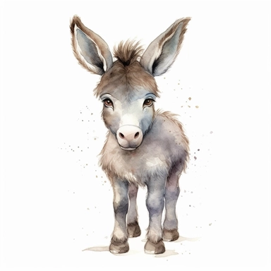 a colorful baby donkey with kind eyes clipart with watercolor illustration,full body shot,8k,etsy style, white background
