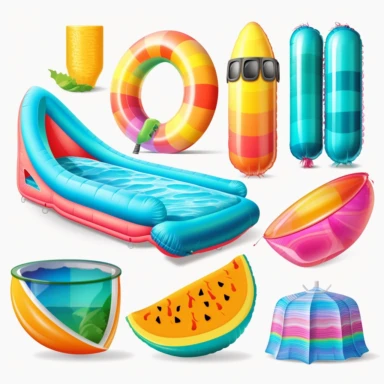 vector clipart set inflatable water slide, beach ball, sunglasses, float, hd, realistic, isolated, no background