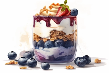 Blueberry yogurt parfait with layers of yogurt, granola, and fresh berries Clipart art, hd, art, on white background, spaced out