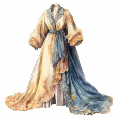 Victorian Dressing Gown: Illustrate a clipart of a woman's Victorian dressing gown, showcasing its luxurious fabric, lace trimmings, and intricate embroidery, watercolor Clipart, watercolor Sublimation graphics, hand drawn illustration by james christensen style, Watercolor clipart, single design, single object, print on demand image, PNG transparent background, white background for removing background - - no text shadow font watermark, 8k