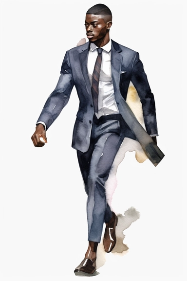 No text Watercolor Clipart Athletic MUSCLE Man in Suit Businessman Handsome Black Skin full body on white background