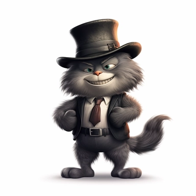 a happy mafia cat, arms folded, fedora hat, ears coming through the hat, long fluffy tail, full body image, pixar style, clipart