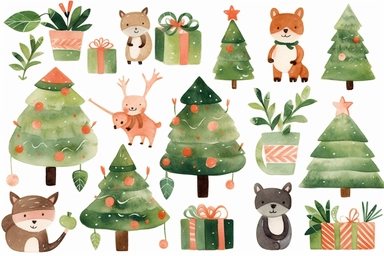 watercolor tree clip art set featuring christmas trees and gifts, in the style of atey ghailan, kawaii chic, chris uminga, light red and dark green, ornamental details and embellishments, chris cold, animal motifs