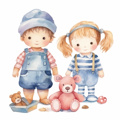 cute baby toys watercolor girl and boy clipart