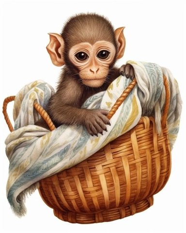 detailed watercolor Baby Monkey on a basket with scarf , hyper realistic, isolated on a white background, clipart