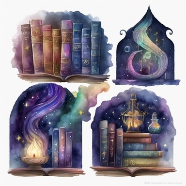 Watercolor Fantasy Books Clipart, galaxy wizard book stacks and shelves beautiful separate, individual images of bookshelves, magic scrolls, quill pens, inkwell, and book stacks in fantasy watercolor style, with gold and galaxy colors.