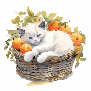 Watercolor white and blackish ragdoll colored kitten peacfully sleeping in a laundry basket clipart, ragdoll breed, peacefully sleeping cat, eyes closed, similing kitten, surrounded by oranges and orange leaf and branches, couple of oranges, high detail oranges, high quality drawing, high quality, body visible, summer colors, hairs are visible, summer day theme, valentines day theme, full body kitten, crawling in basket, peacefull feeling, childlike innocence and charm, shy kitten, Oh my god its