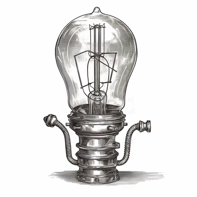 single Vintage steampunk electric light bulb, black and white line drawing Clipart, white background
