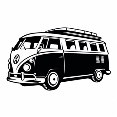 minimalist vw caravan car black silhouette clipart, simple line art, cut out, white background