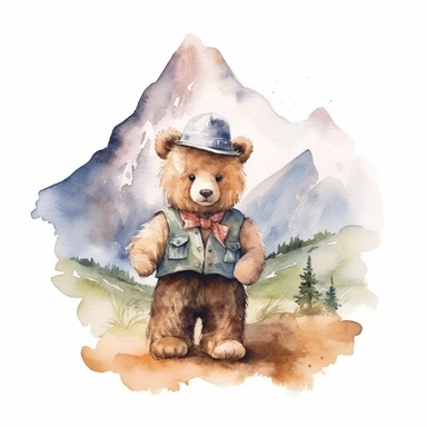 Drawing, Illustration, Watercolor Print, Portrait, Teddy Bear, and Mountain Behind Him, Wall Art Clipart, Print Art, Watercolor Painting, Watercolor, Appaloosa Teddy Bear, Art, Udal Art, for Commercial Use